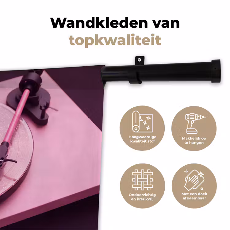 Wandkleed - Platenspeler - Roze - Muziek — 3