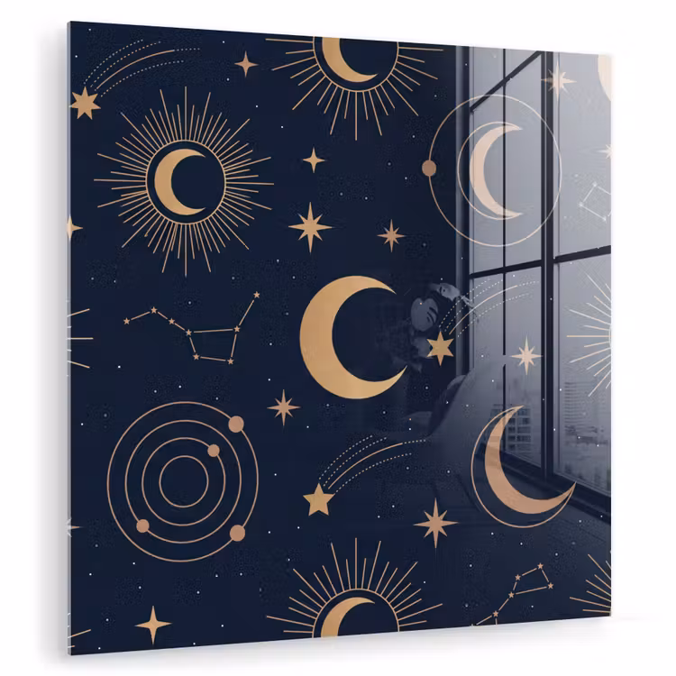 Glas schilderij - Maan - Sterren - Goud — 1