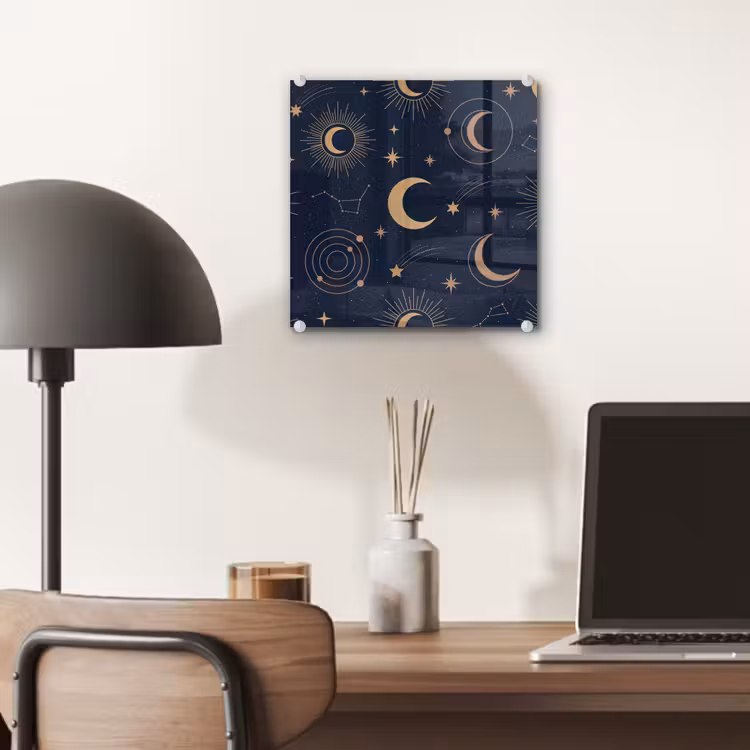 Glas schilderij - Maan - Sterren - Goud — 7