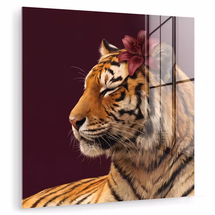 Glas schilderij - Tijger - Bloem - Dieren — 1
