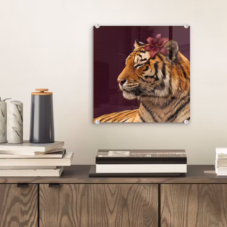 Glas schilderij - Tijger - Bloem - Dieren — 2