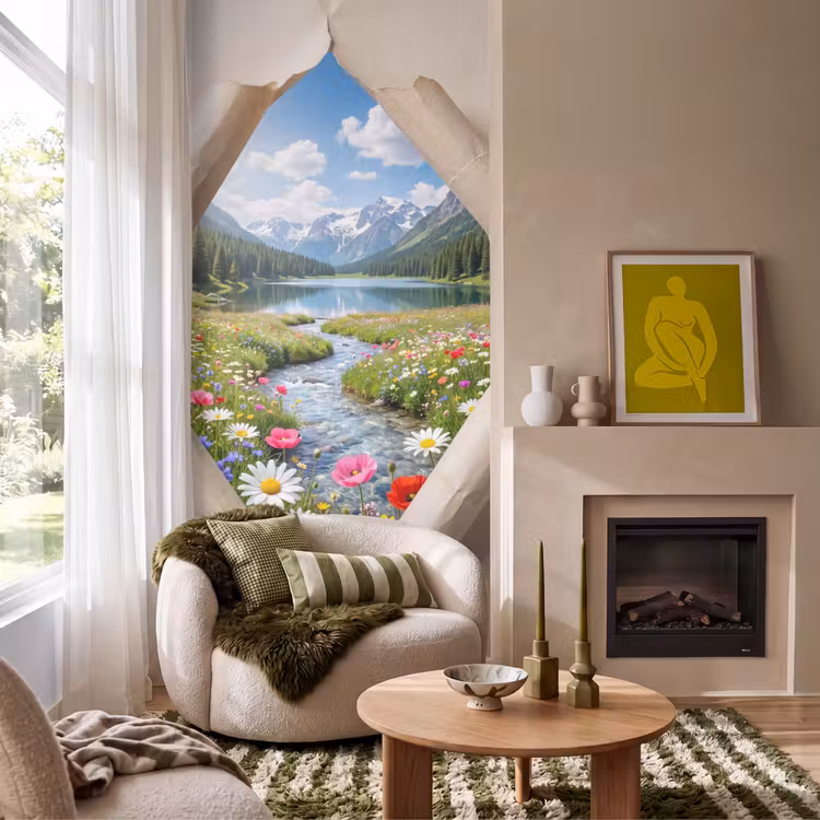 Behang - Bloemen - Rivier - Landschap — 1