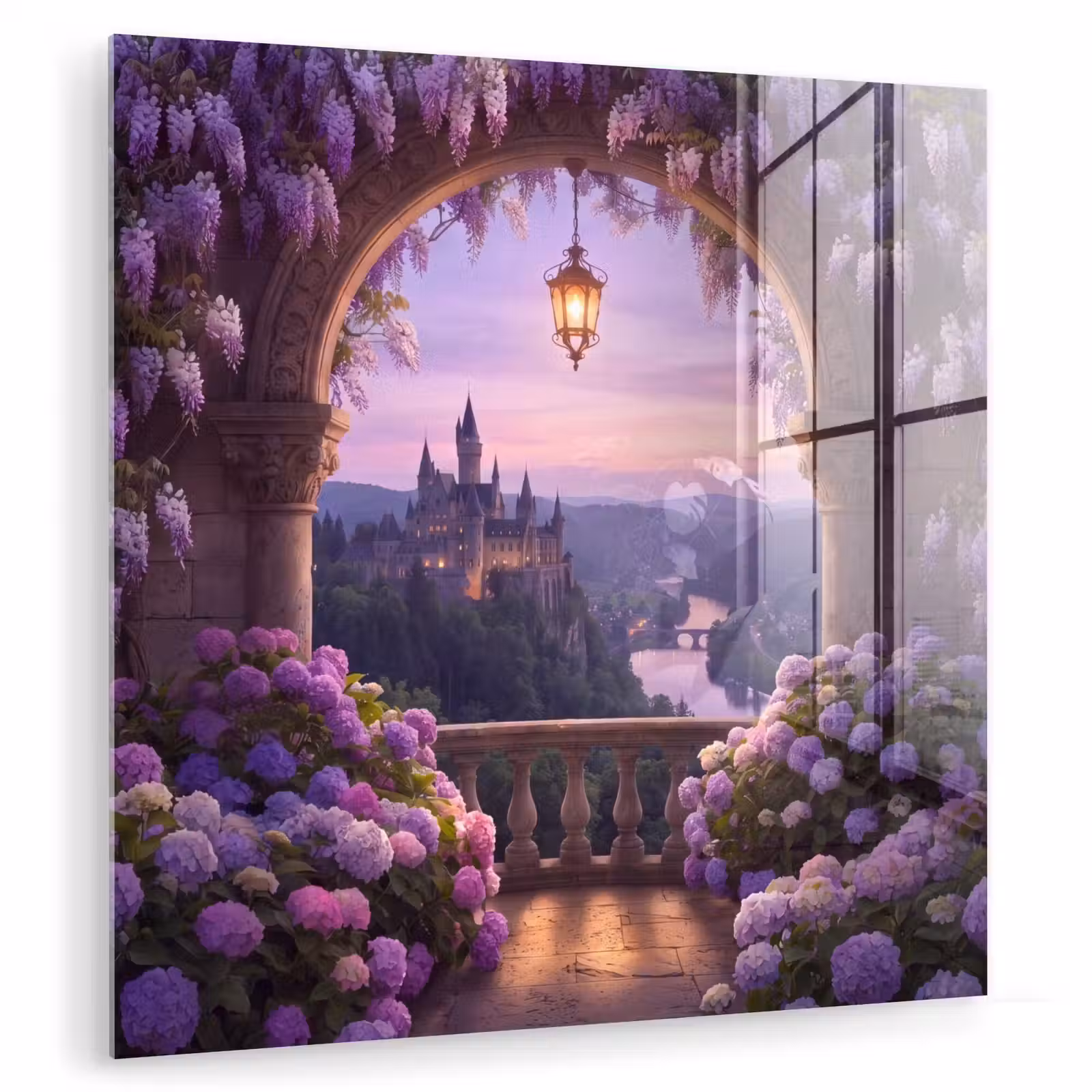 Glas schilderij - Kasteel - Rivier - Avond — 1