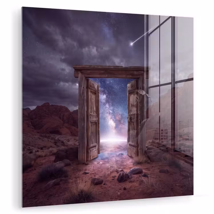 Glas schilderij - Deur - Melkweg - Woestijn — 1