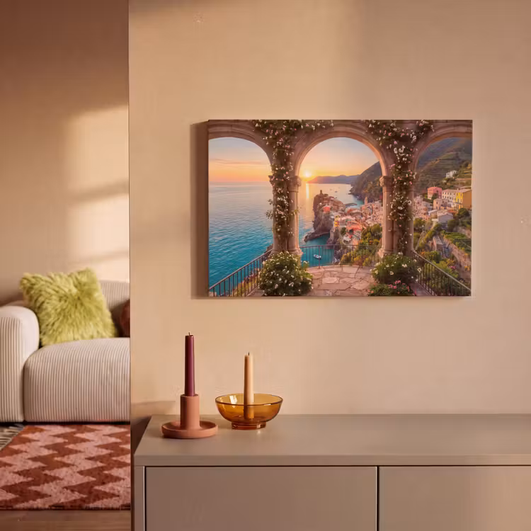 Canvas schilderij - Dorp - Zee - Zonsondergang — 2