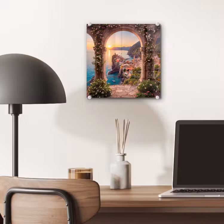 Glas schilderij - Dorp - Zee - Zonsondergang — 7
