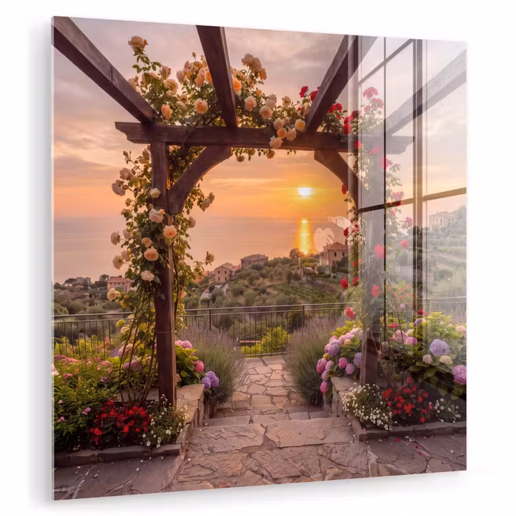 Glas schilderij - Pergola - Zee - Zonsondergang — 1