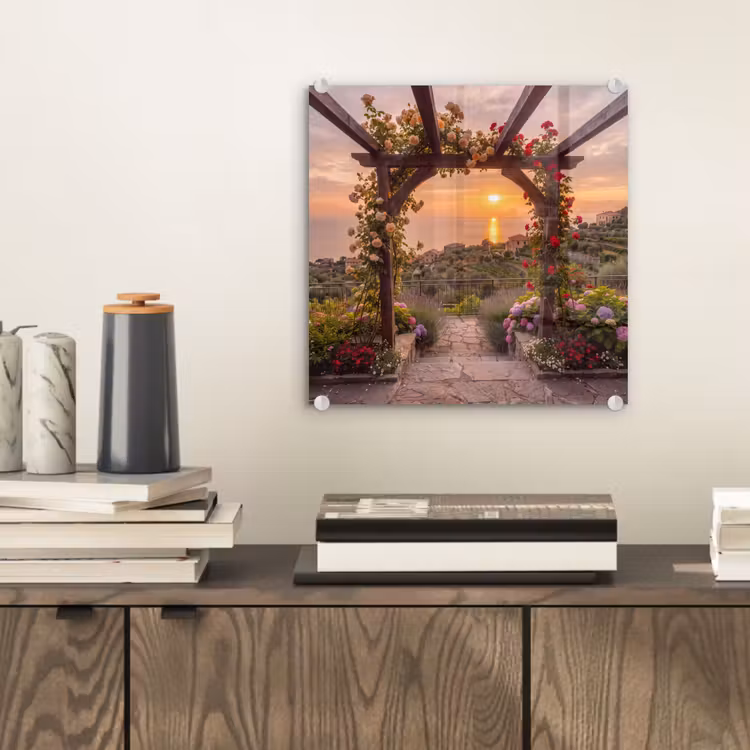 Glas schilderij - Pergola - Zee - Zonsondergang — 2
