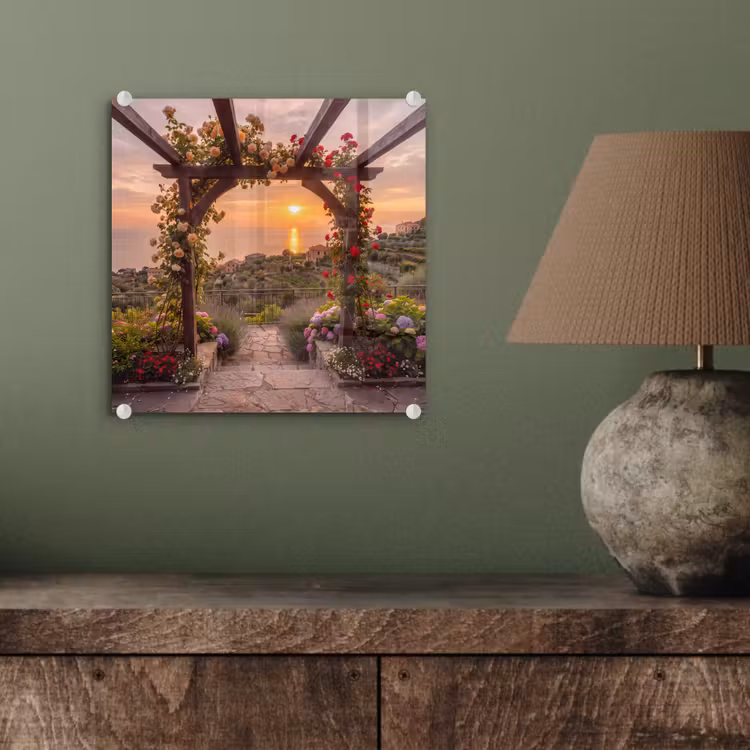 Glas schilderij - Pergola - Zee - Zonsondergang — 4