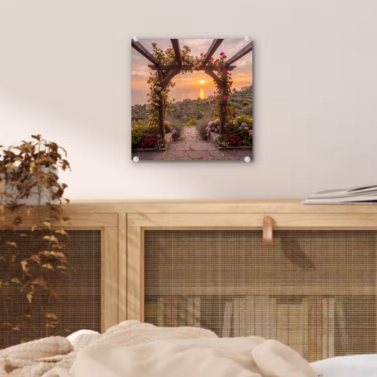 Glas schilderij - Pergola - Zee - Zonsondergang — 5