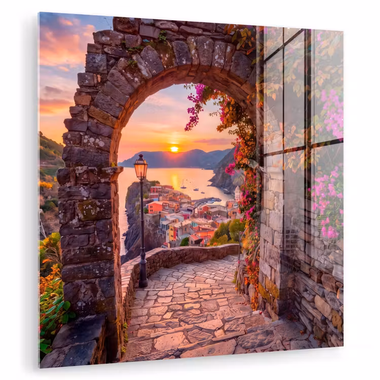 Glas schilderij - Boog - Kust - Zonsondergang — 1