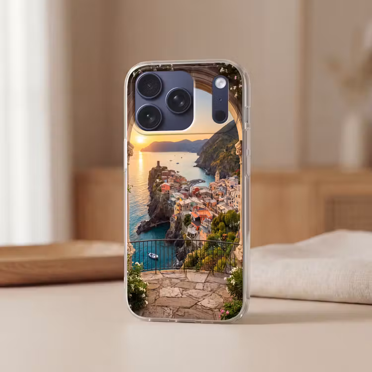 Telefoonhoesje Softcase - Dorp - Zee - Zonsondergang — 3