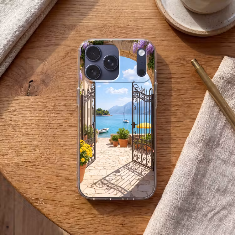Telefoonhoesje Softcase - Poort - Zee - Uitzicht — 2