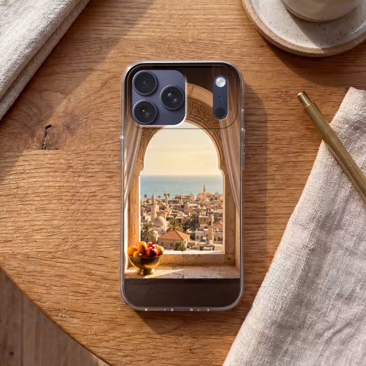 Telefoonhoesje Softcase - Raam - Stad - Zee — 2