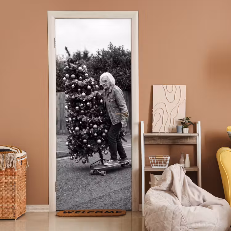 Deursticker - Vrouw - Skateboard - Kerst — 2