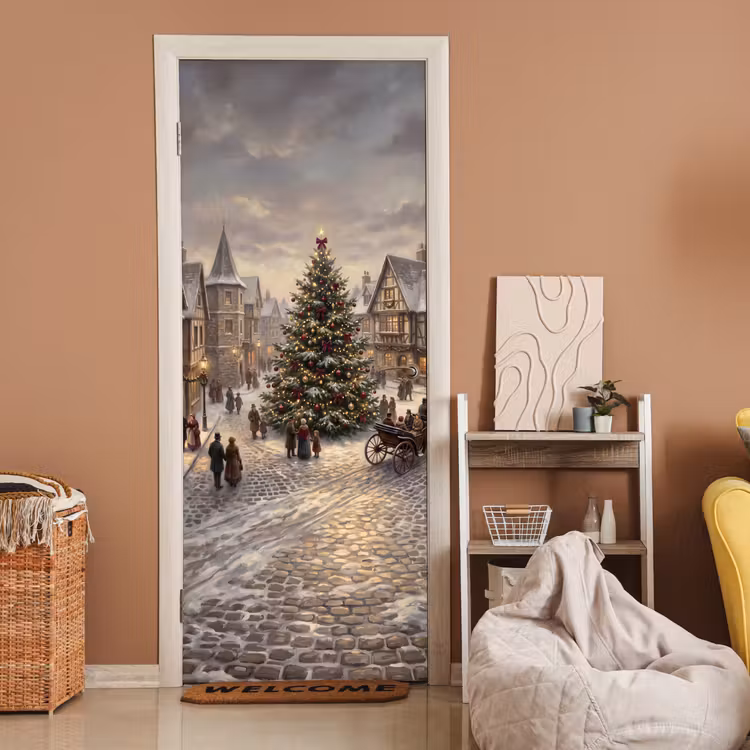 Deursticker - Kerstboom - Sneeuw - Stad — 2