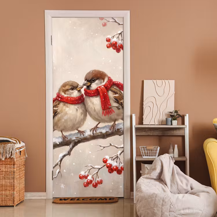 Deursticker - Vogels - Winter - Rood — 2