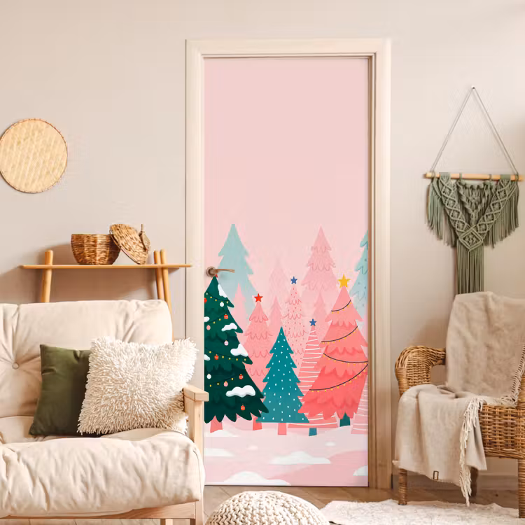 Deursticker - Kerstbomen - Illustratie - Roze — 4
