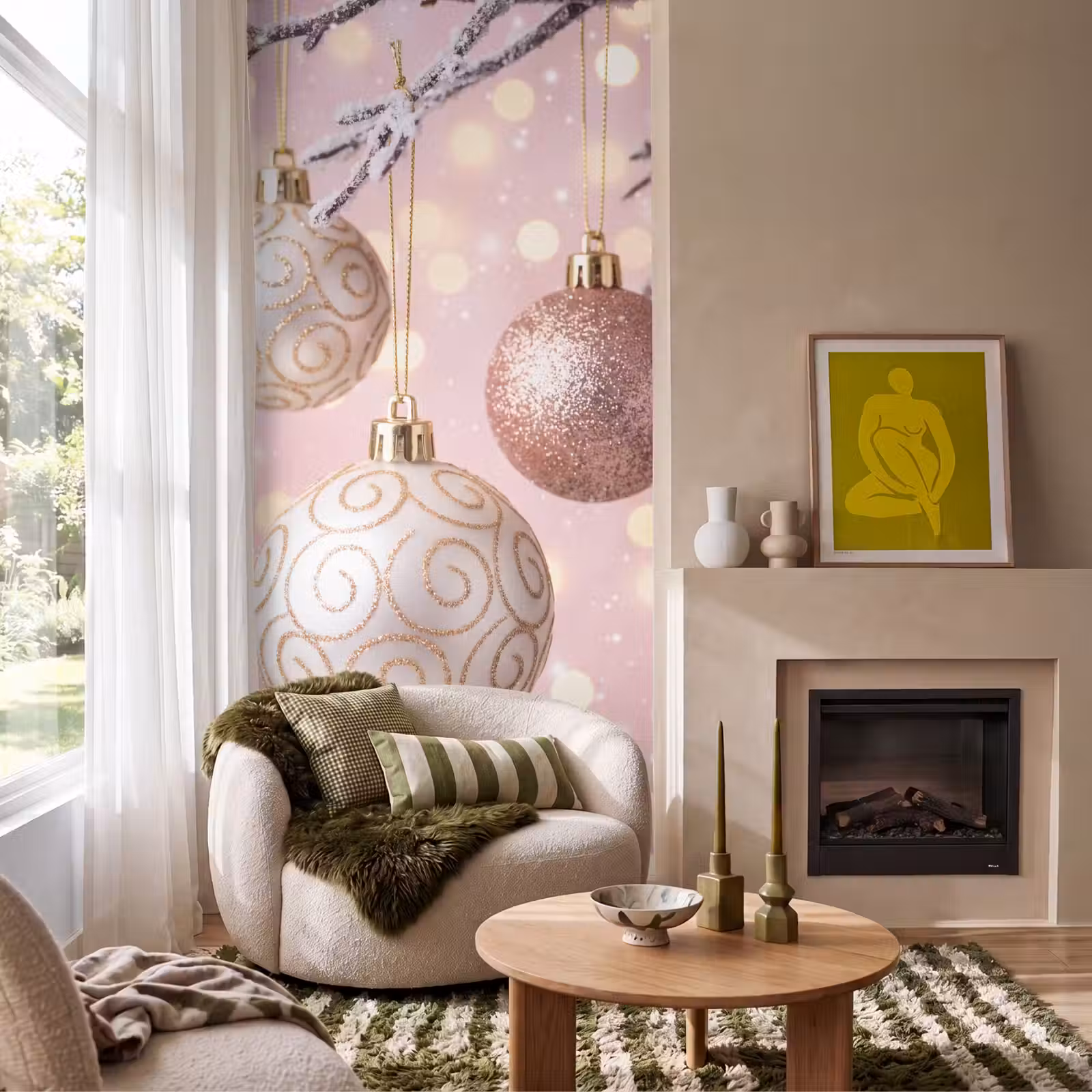 Behang - Kerstbal - Roze - Winter β 1