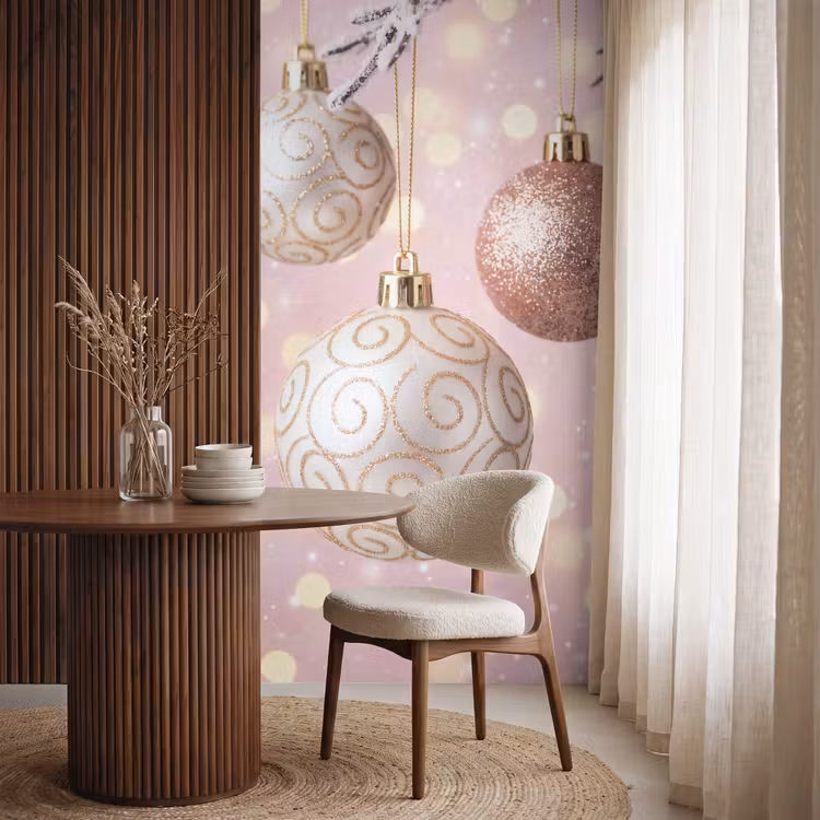 Behang - Kerstbal - Roze - Winter β 4