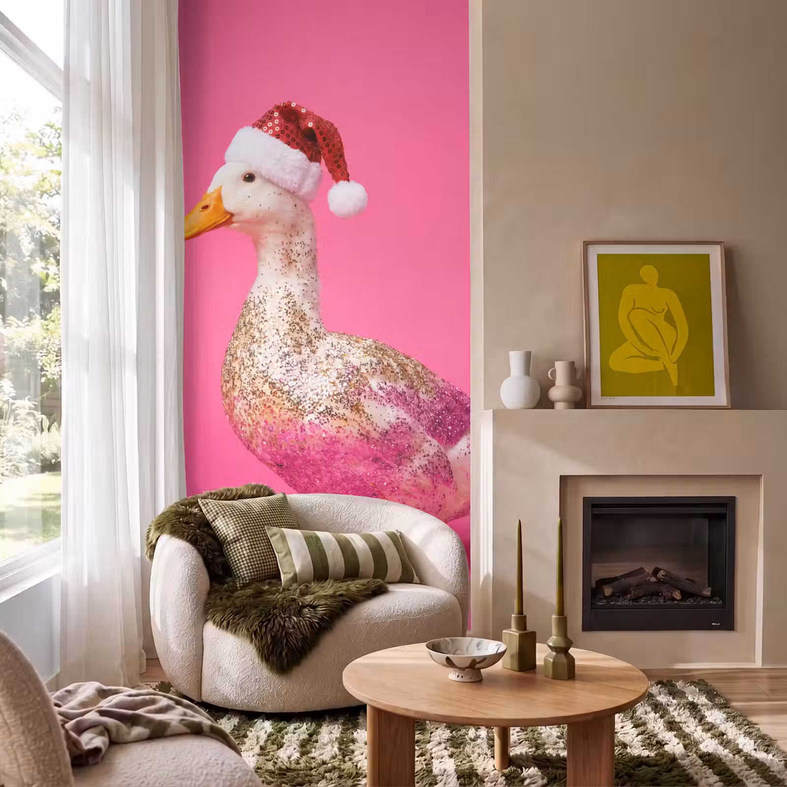 Behang - Vogel - Kerst - Roze — 1