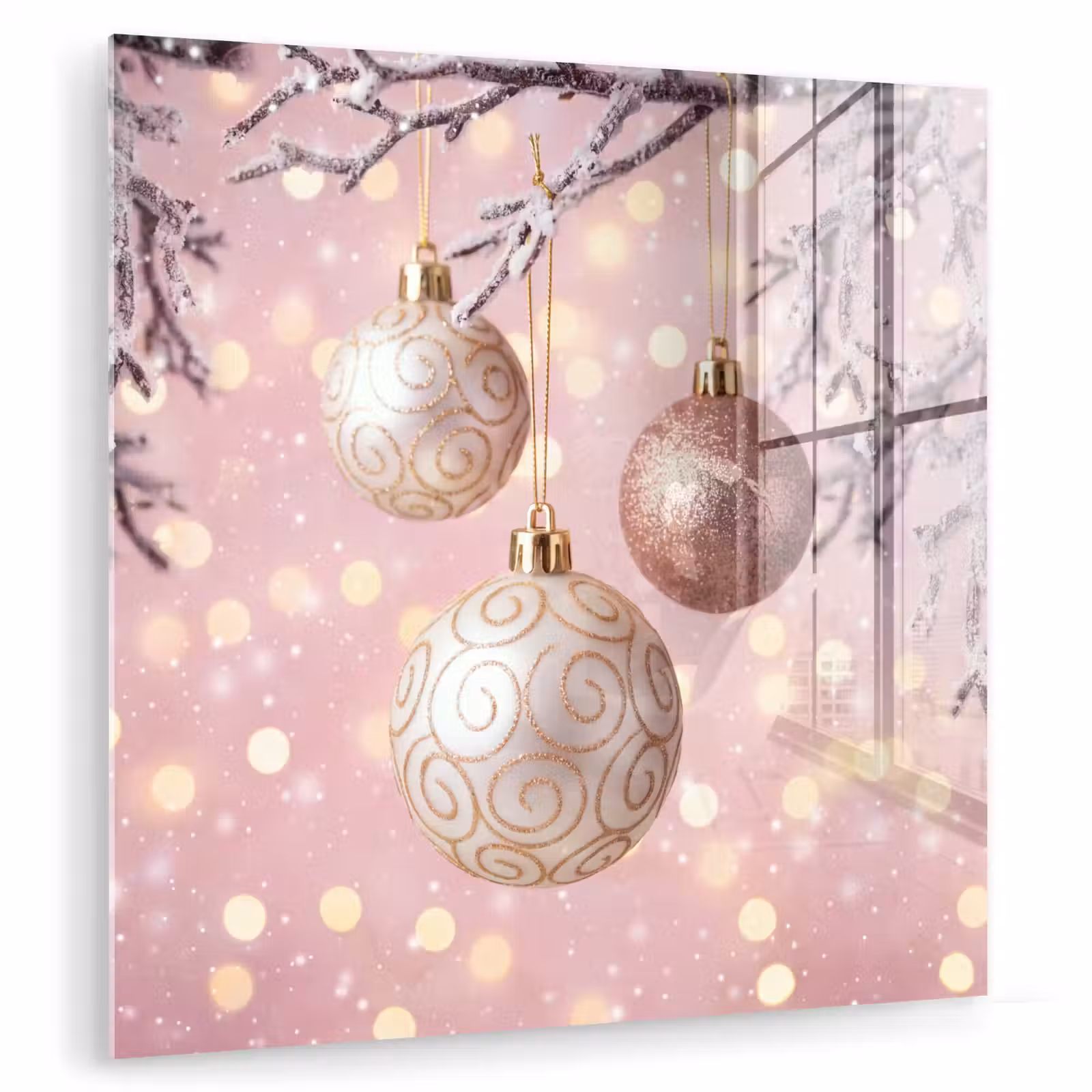 Glas schilderij - Kerstbal - Roze - Winter — 1