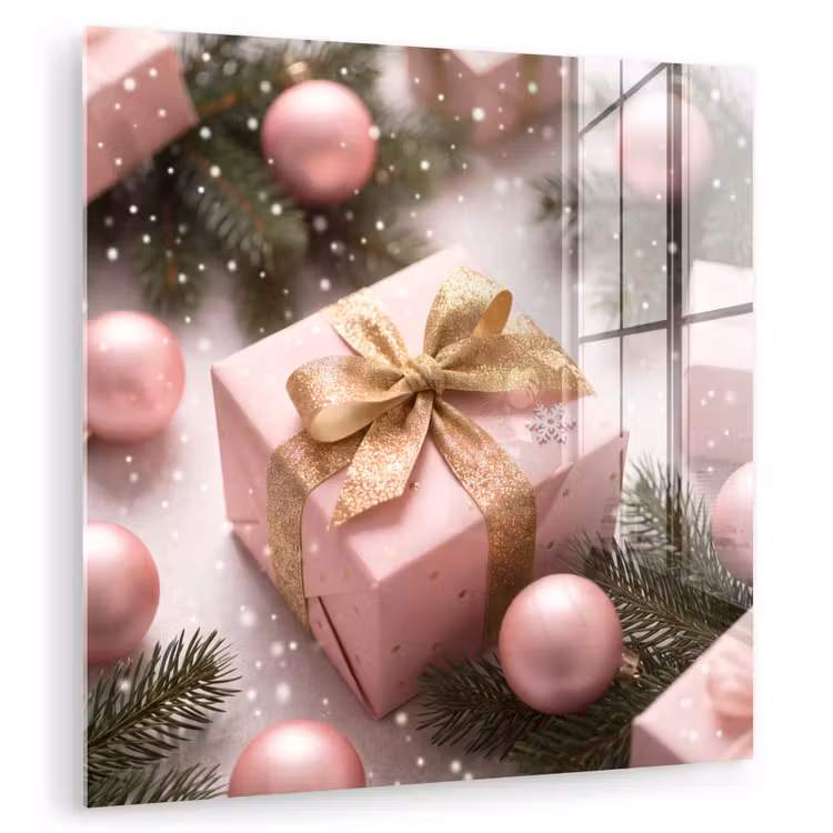 Glas schilderij - Cadeau - Kerst - Roze — 1