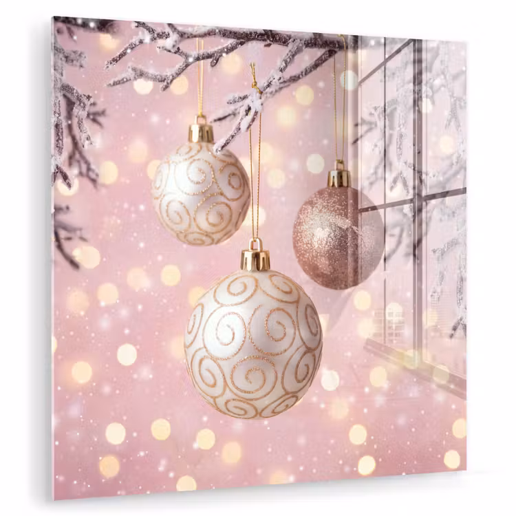 Glas schilderij - Kerstbal - Roze - Winter — 1