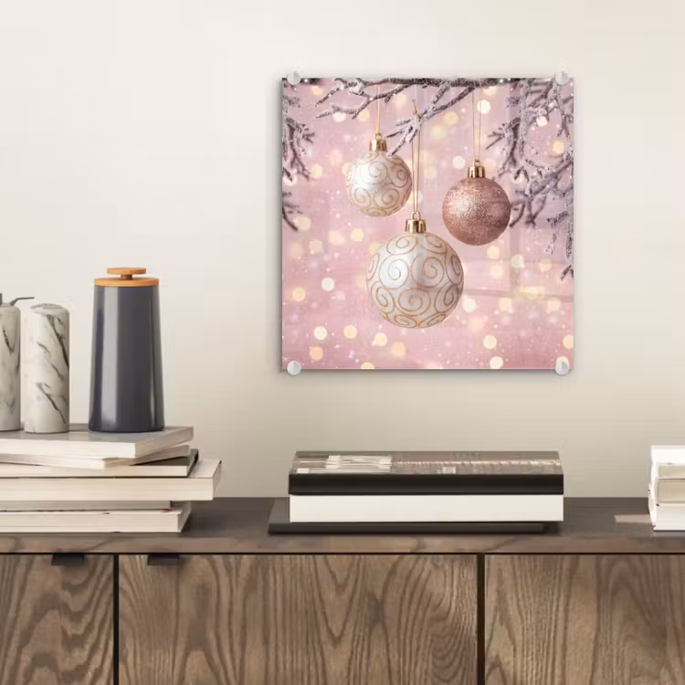 Glas schilderij - Kerstbal - Roze - Winter — 2