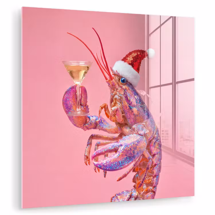 Glas schilderij - Kreeft - Kerst - Roze — 1