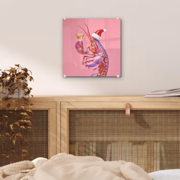 Glas schilderij - Kreeft - Kerst - Roze — 5