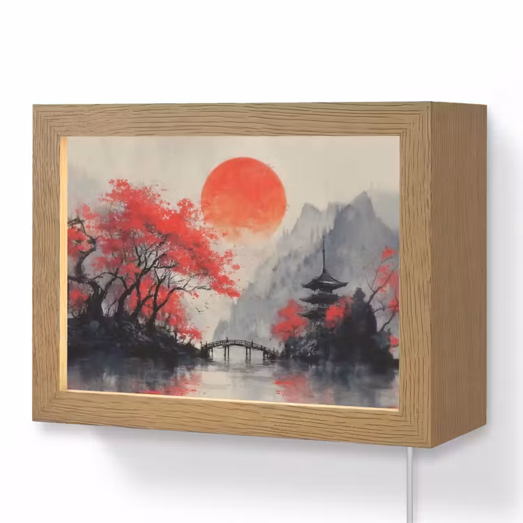 Lightbox - Wandlamp - Rode zon - Rivier - brug - Bomen