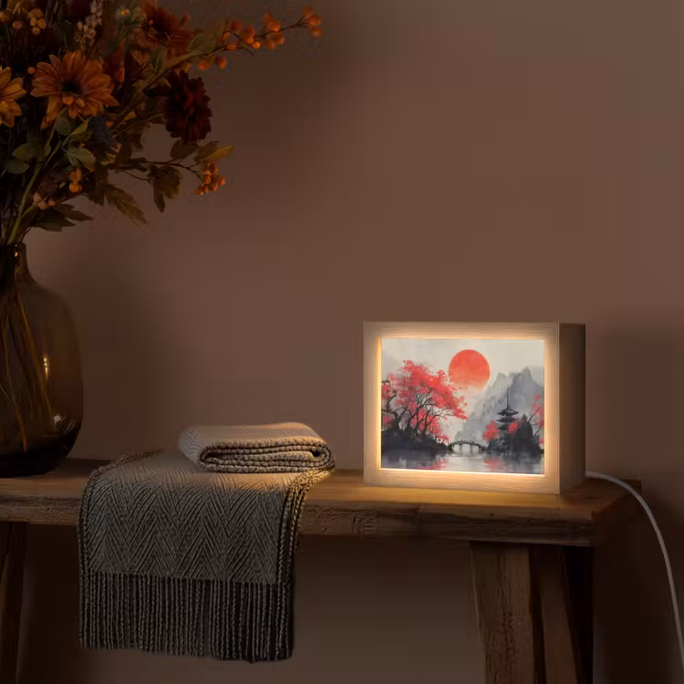 Lightbox - Wandlamp - Japans Landschap Rode Zon Pagode — 4