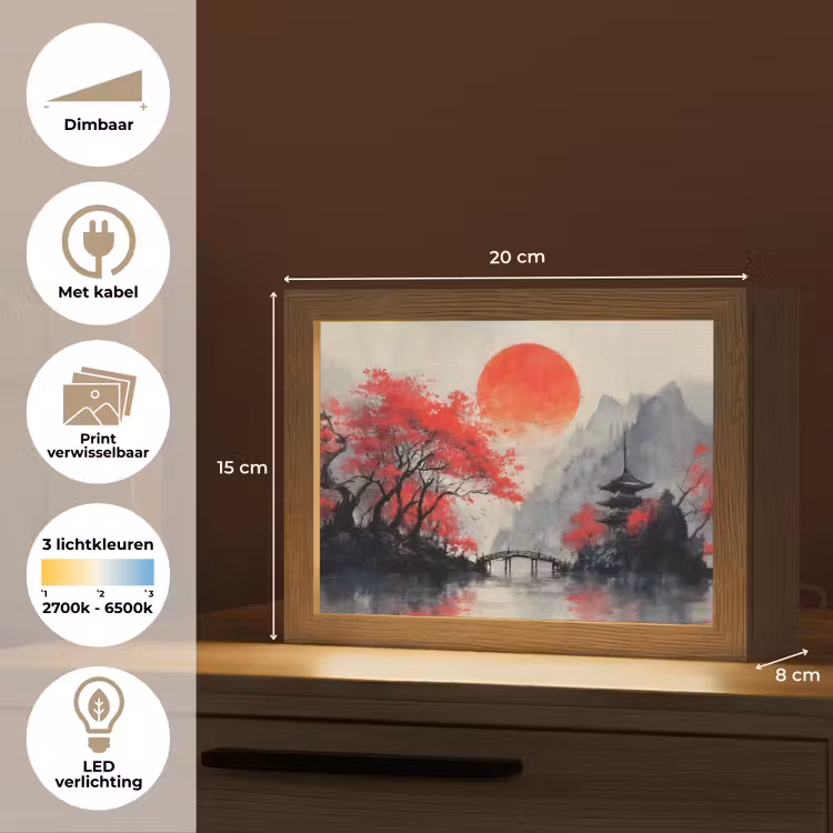 Lightbox - Wandlamp - Japans Landschap Rode Zon Pagode — 7