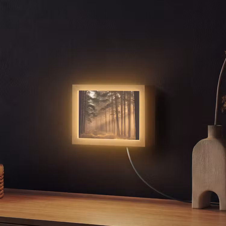 Lightbox - Wandlamp - Dennenbos met Zonnestralen in Mist — 2