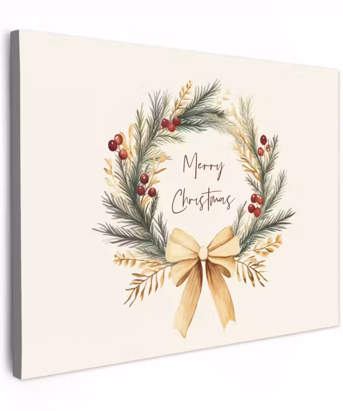 Canvas schilderij - Kerstkrans - Kerst - Goud - Beige