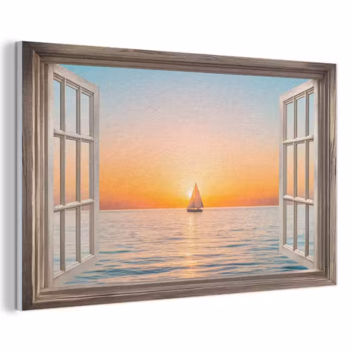 Akoestisch schilderij - Doorkijk - Zee - Boot - Zonsondergang