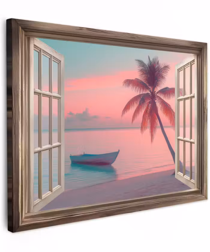 Canvas schilderij - Doorkijk Raam Strand Palmboom Roze