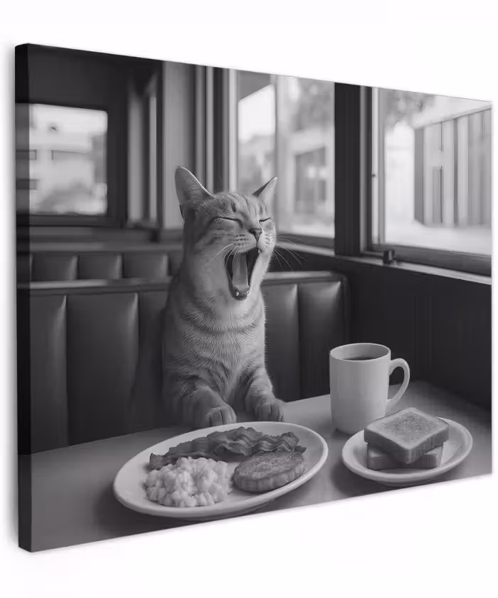 Canvas schilderij - Kat - Koffie - Brood - Zwart