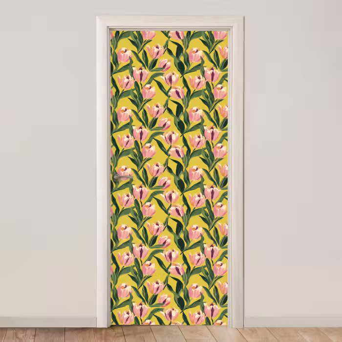 Deursticker met naam - Roze Tulpen Patroon Geel