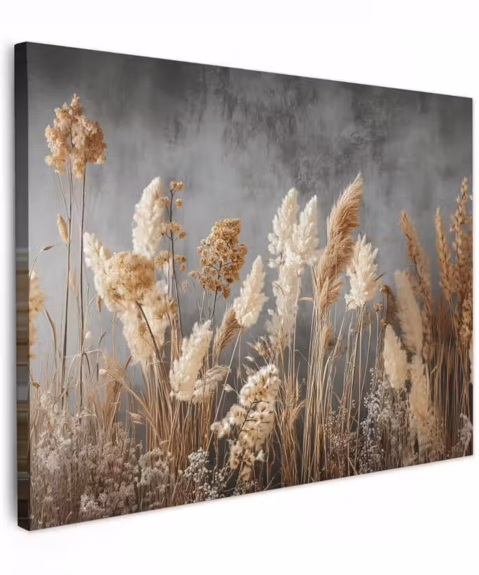 Canvas schilderij - Droogbloemen Pampasgras Betonlook