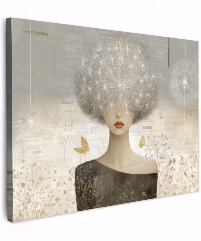 Canvas schilderij - Vrouw met Paardenbloem Pluizenbol Als Haar