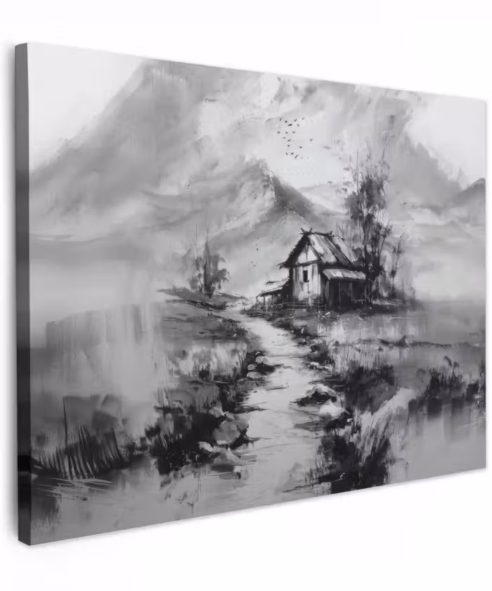 Canvas schilderij - Hut - Grijs - Bergen - Mistig