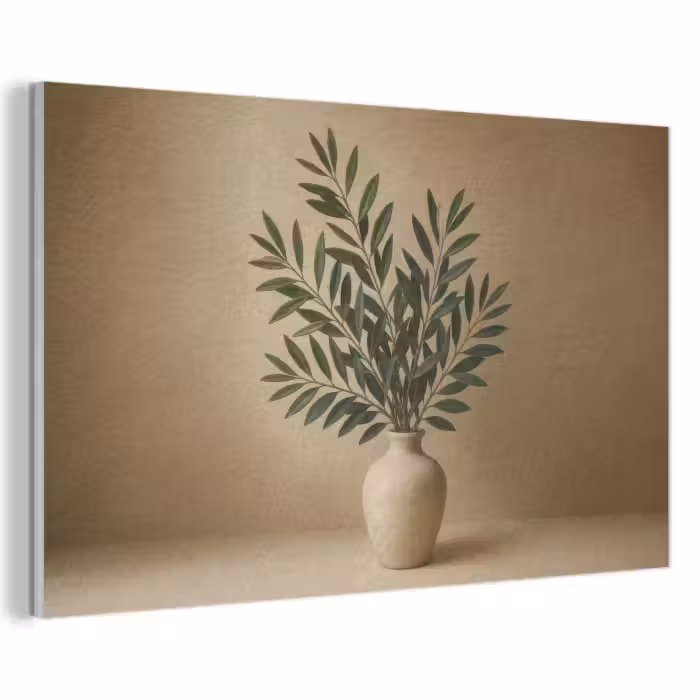Akoestisch schilderij - Vaas - Olijftakken - Bladeren - Beige