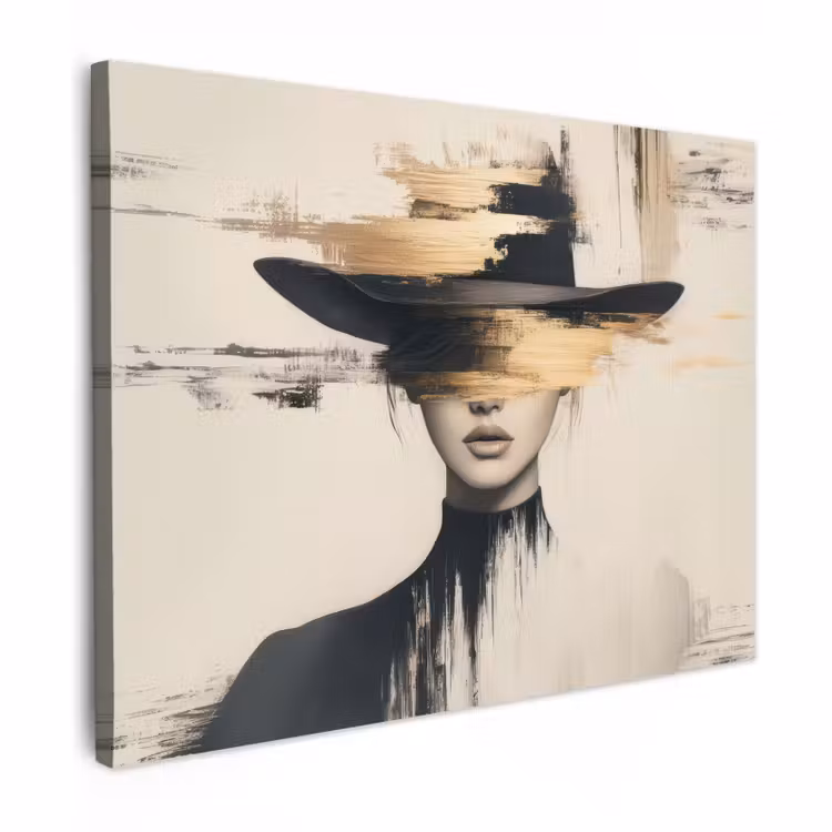 Canvas schilderij - Vrouw met Hoed Gouden Penseelstreken