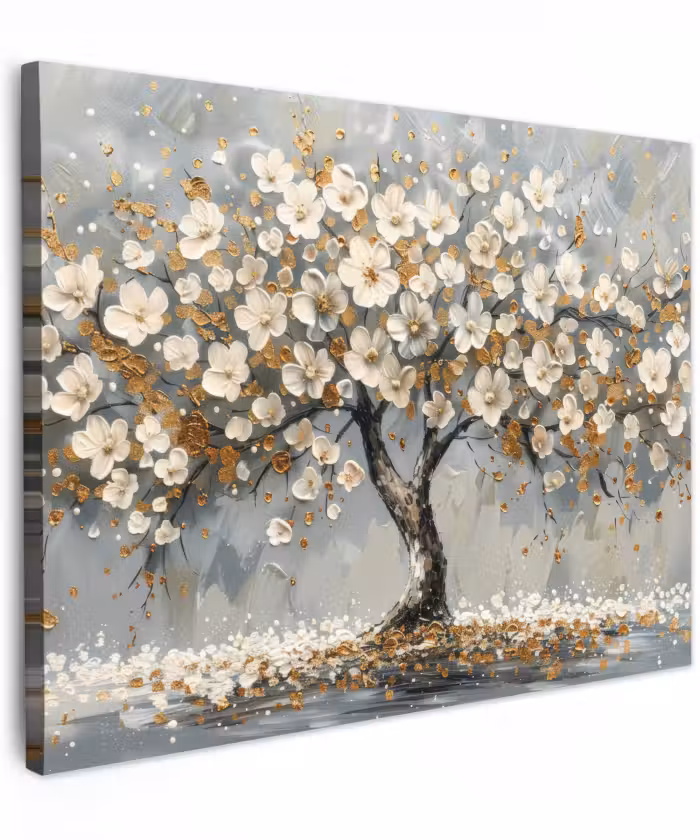 Canvas schilderij - Boom - Bloemen - Wit - Natuur - Kunst