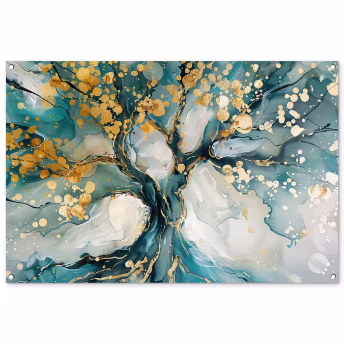Tuinposter - Abstracte Boom Petrol Gouden Spetters