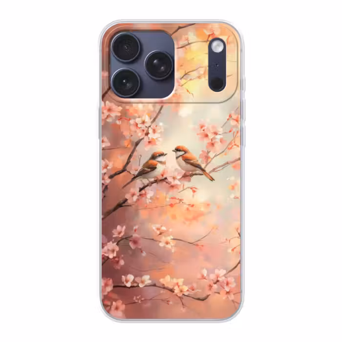 Telefoonhoesje Softcase - Vogels op Kersenbloesem Takken Roze
