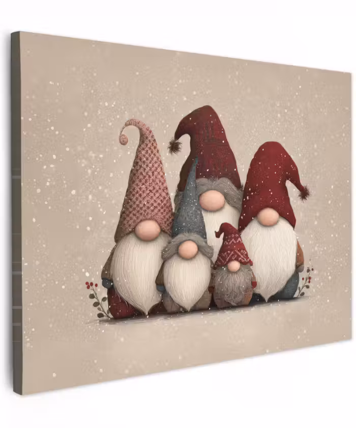 Canvas schilderij - Kabouters - Kerst - Sneeuw - Puntmutsen