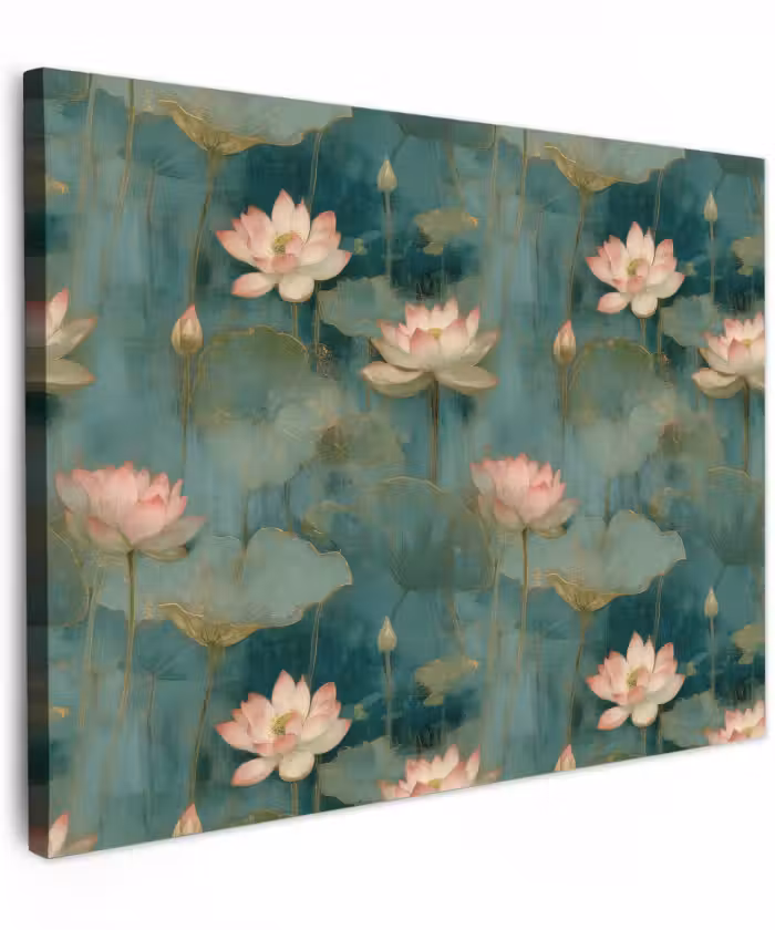 Canvas schilderij - Roze Lotusbloemen Petrol
